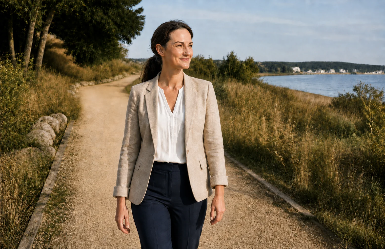 Coach auf einem Uferweg in ruhiger Naturumgebung