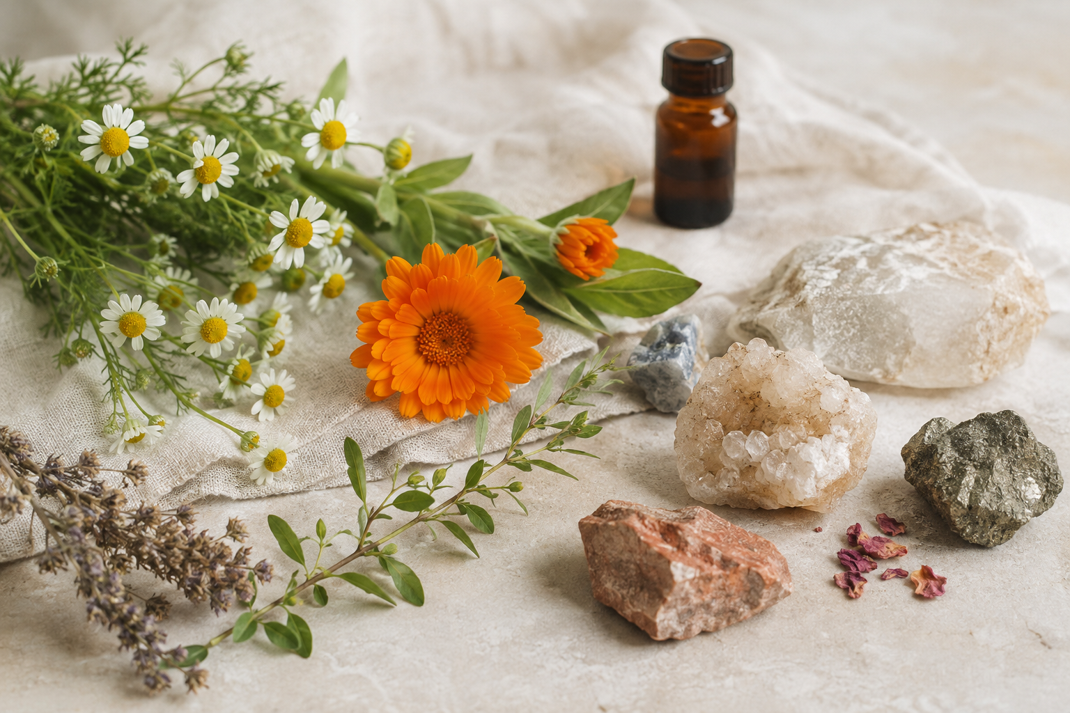 Natürliche Heilmittel: Ringelblume, Kamille, ätherisches Öl und Heilsteine