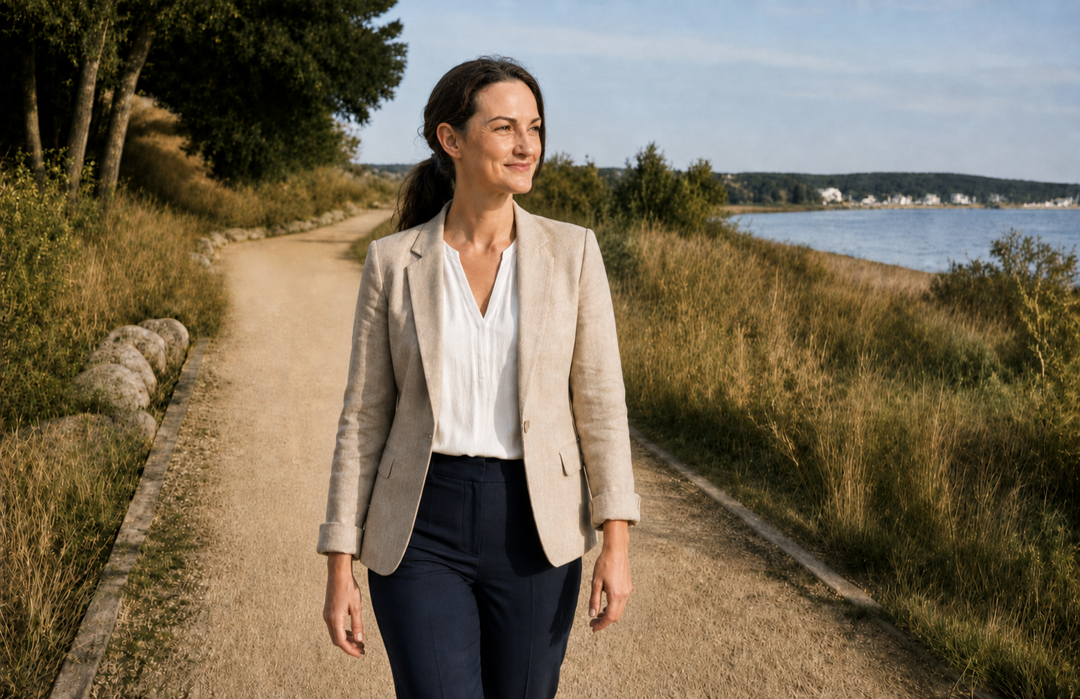 Coach auf einem Uferweg in ruhiger Naturumgebung